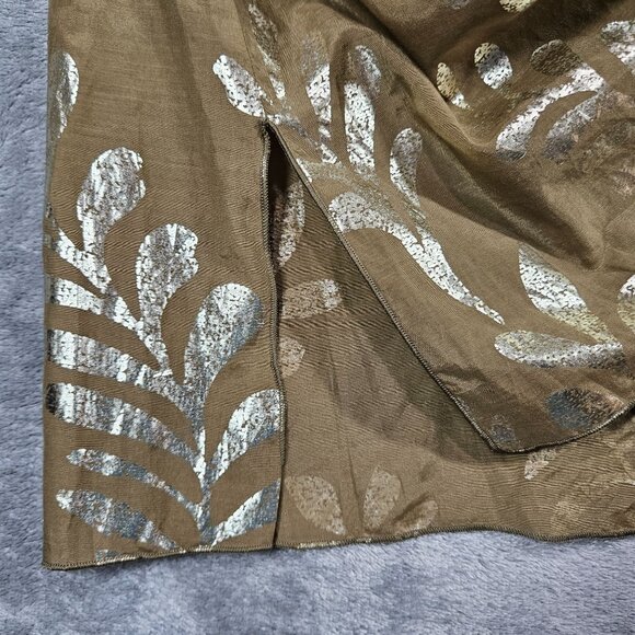 Hale Bob Cabana Top Medium Tan Silk Blend Metallic Silver Palm Leaf Beach Tunic - Picture 4 of 9